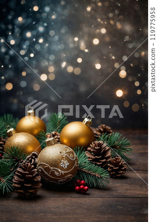 New Year's still life of fir branches, golden balls and cones New Year's still life of fir branches, golden balls and cones 119775958
