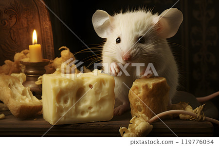 The hamster mouse gnaws and eats cheese. rodents and pests. fauna and biology 119776034