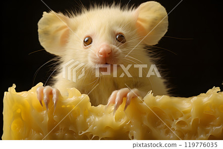 The hamster mouse gnaws and eats cheese. rodents and pests. fauna and biology 119776035