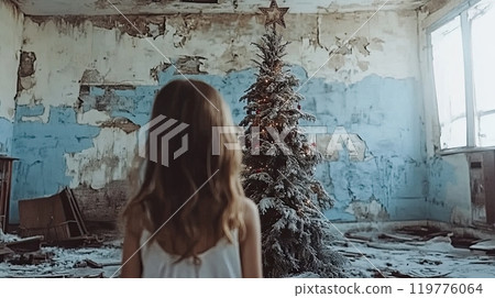 illustrate a poor man's Christmas. In front of the tree is a little girl looking up at it. 119776064