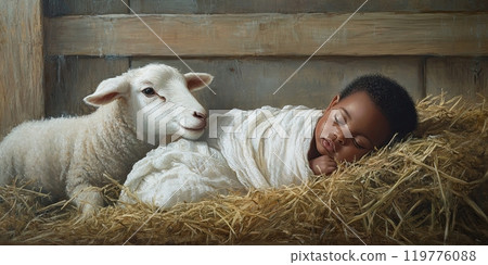 A newborn black baby in the manger, wrapped in a white linen cloth and lying next to a lamb.  119776088