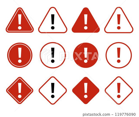 Set of warning signs in red colour. Warning, precaution, attention, alert icon. Warning sign. Exclamation mark. Set of warning signs in red colour. Warning, precaution, attention, alert icon. Warning sign. Exclamation mark. 119776090