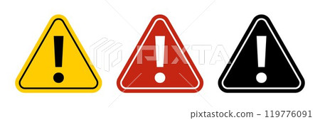 Red yellow black triangular warning or caution sign with exclamation mark. Warning, precaution, attention, alert icon. Warning sign. Exclamation mark. Red yellow black triangular warning or caution sign with exclamation mark. Warning, precaution, attention, alert icon. Warning sign. Exclamation mark. 119776091