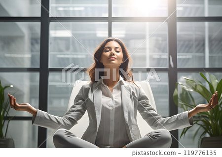 woman relaxing in the office, dozing and dreaming visualize. relaxing at work in a chair 119776135