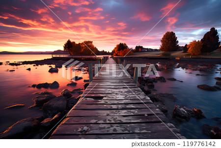 Wooden pier on the lake at sunset. place for fishing and relaxation 119776142