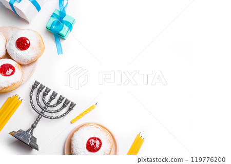 Hanukkah Background with Menorah and sufganiyah jelly donuts Hanukkah Background with Menorah and sufganiyah jelly donuts 119776200