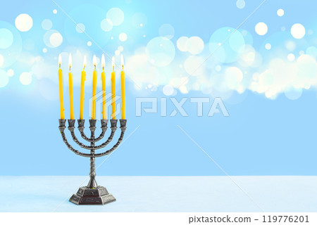 Hanukkah Menorah with burning candles Hanukkah Menorah with burning candles 119776201