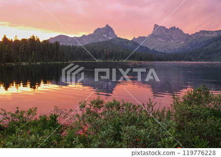 beautiful sunset, landscape, observation from shore of colorful mountain lake beautiful sunset, landscape, observation from shore of colorful mountain lake 119776228