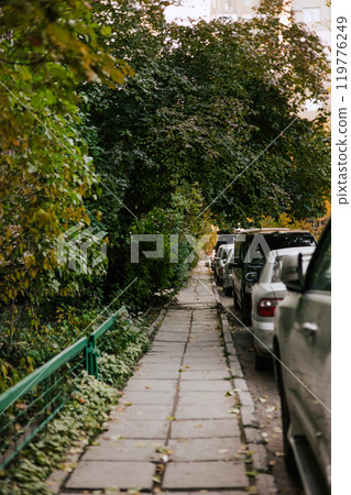 Pedestrian path made of slabs in courtyard of apartment building Pedestrian path made of slabs in courtyard of apartment building 119776249