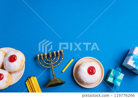 Hanukkah template with Menorah and sufganiyah jelly donuts Hanukkah template with Menorah and sufganiyah jelly donuts 119776266
