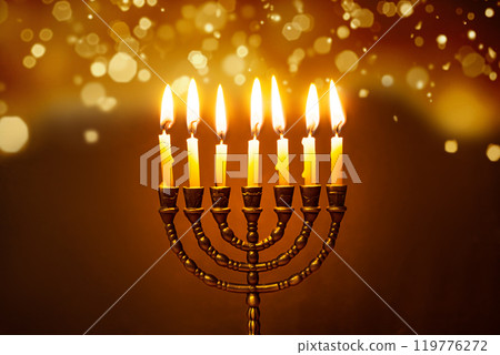 Hanukkah Menorah with burning candles Hanukkah Menorah with burning candles 119776272