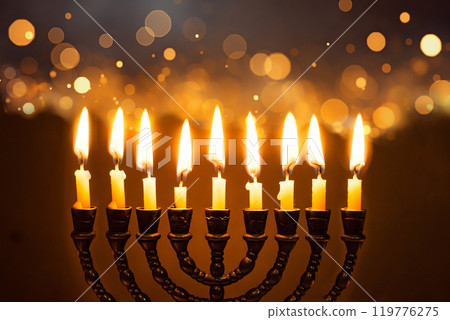 Hanukkah Menorah with burning candles Hanukkah Menorah with burning candles 119776275
