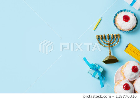 Hanukkah template with Menorah and sufganiyah jelly donuts Hanukkah template with Menorah and sufganiyah jelly donuts 119776316