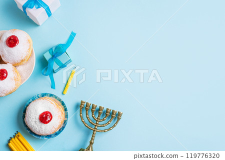 Hanukkah template with Menorah and sufganiyah jelly donuts Hanukkah template with Menorah and sufganiyah jelly donuts 119776320