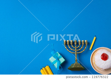Hanukkah template with Menorah and sufganiyah jelly donuts Hanukkah template with Menorah and sufganiyah jelly donuts 119776322