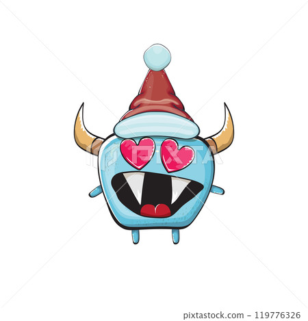 Vector cartoon funky blue monster with Santa Claus red hat isolated on white background. Funny and cute Childrens Merry Christmas greeting card with funny monster elf Santa Claus character. Vector cartoon funky blue monster with Santa Claus red hat isolated on white background. Funny and cute Childrens Merry Christmas greeting card with funny monster elf Santa Claus character. 119776326