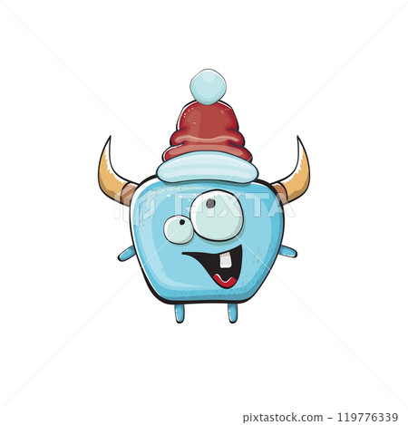Vector cartoon funky blue monster with Santa Claus red hat isolated on white background. Funny and cute Childrens Merry Christmas greeting card with funny monster elf Santa Claus character. 119776339