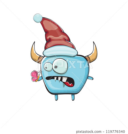Vector cartoon funky blue monster with Santa Claus red hat isolated on white background. Funny and cute Childrens Merry Christmas greeting card with funny monster elf Santa Claus character. Vector cartoon funky blue monster with Santa Claus red hat isolated on white background. Funny and cute Childrens Merry Christmas greeting card with funny monster elf Santa Claus character. 119776340
