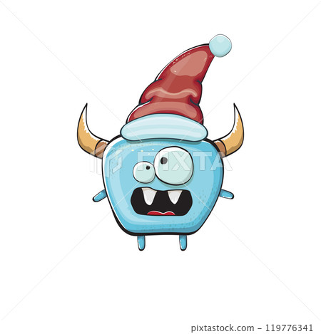 Vector cartoon funky blue monster with Santa Claus red hat isolated on white background. Funny and cute Childrens Merry Christmas greeting card with funny monster elf Santa Claus character. 119776341