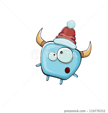 Vector cartoon funky blue monster with Santa Claus red hat isolated on white background. Funny and cute Childrens Merry Christmas greeting card with funny monster elf Santa Claus character. 119776352