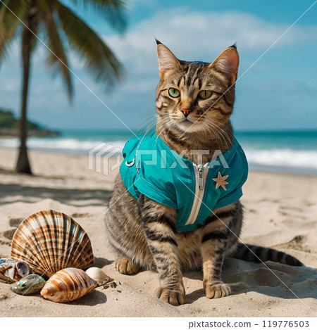 The striped cat in a swimsuit 119776503