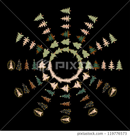 Snowflake shape made of different Christmas trees. Vector design element. Snowflake shape made of different Christmas trees. Vector design element. 119776573
