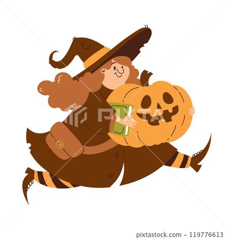 Playful illustration of a young witch holding a jack-o-lantern and a spellbook, joyfully running in a Halloween-themed scene. 119776613