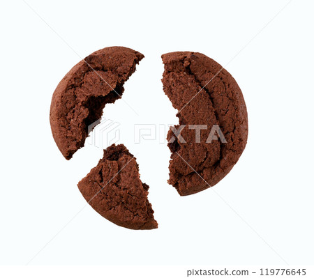Broken chocolate cookies isolated on white background, top view. Broken chocolate cookies isolated on white background, top view. 119776645