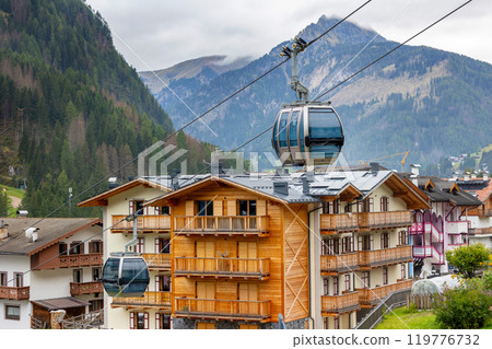 Italian village, cable car cabin, summer Italian village, cable car cabin, summer 119776732