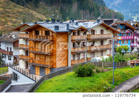 summer in Fassa valley and Canazei village, Italy 119776734