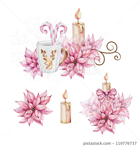 Watercolor set - Christmas white mug with gold reindeer with openwork snowflake, isolated. Candy cane, candle, poinsettia flowers. Noel. Border, elements for new year greeting cards, invitation 119776737
