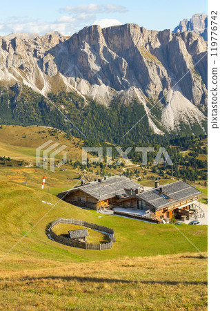 Seceda autumn valley landscape, Val Gardena, Italy 119776742