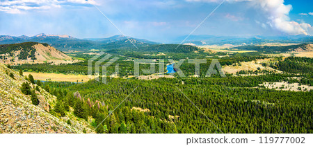 Panorama of Grand Teton National Park with the Snake river viewed from Signal Mountain, Wyoming, USA 119777002