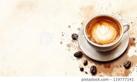 Cup of cappuccino with latte adn coffee beans 119777141