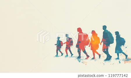 Silhouetted people walking with backpacks 119777142