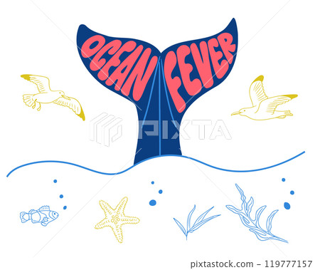 Playful ocean illustration with a whale tail Playful ocean illustration with a whale tail 119777157