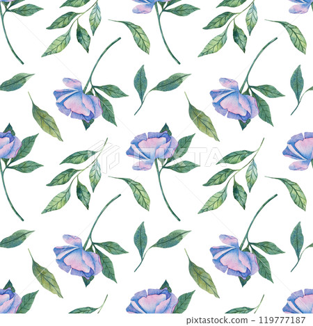 Elegant watercolor seamless pattern with hand drawn purple flowers and green leaves. Perfect for wedding invitations, textile prints, wallpaper, and decor. Beautiful floral art for stylish designs Elegant watercolor seamless pattern with hand drawn purple flowers and green leaves. Perfect for wedding invitations, textile prints, wallpaper, and decor. Beautiful floral art for stylish designs 119777187