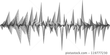 Complex waveform pattern oscillating with intricate detail, representing audio data or digital sound wave visualization 119777230