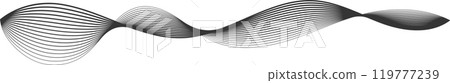 Graceful black lines flow on white, creating a modern wavy shape. Ideal for sleek designs, exuding motion and energy. Monochrome elegance adds sophistication to this versatile graphic element 119777239