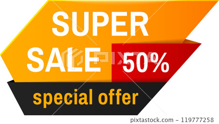 Three banners creatively arranged. Each displaying a tempting special offer with a generous 50 percent discount. Ideal for catching attention and promoting a sale with vibrant colors and clear message 119777258