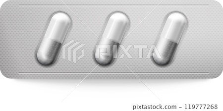 Three capsules are encased in a silver blister pack, suggesting the promise of relief and improved health through modern medicine 119777268
