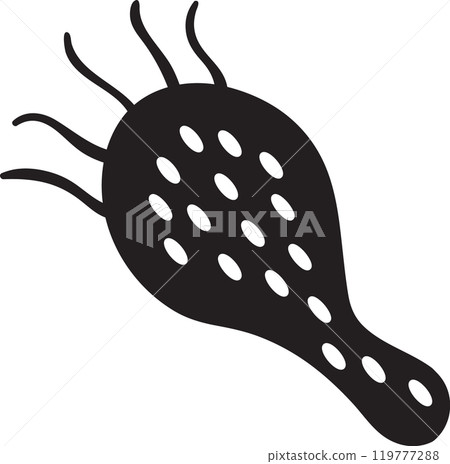 Simple black and white illustration of a paramecium aurelia, a single celled freshwater ciliate, moving with the help of cilia 119777288