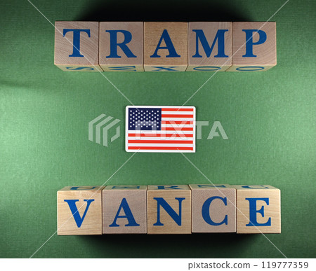 Wooden cubes with the names of presidential and vice presidential candidates Donald Trump and J. D. Vance Wooden cubes with the names of presidential and vice presidential candidates Donald Trump and J. D. Vance 119777359