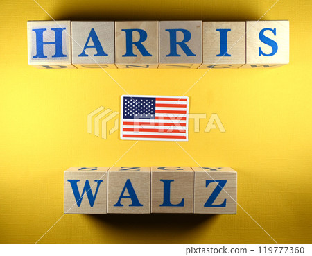 Wooden cubes with the names of US presidential and vice presidential candidates Kamala Harris and Tim Walz Wooden cubes with the names of US presidential and vice presidential candidates Kamala Harris and Tim Walz 119777360