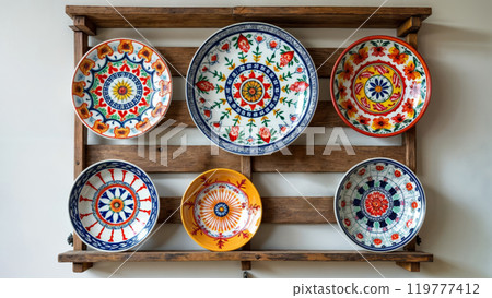 collection of colorful, ornately decorated ceramic plates hanging on a wooden rack 119777412