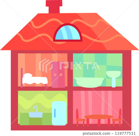 Step into a vibrant dollhouse filled with cozy rooms and charming furniture. Let your imagination run wild with this colorful toy that brings back childhood memories 119777531