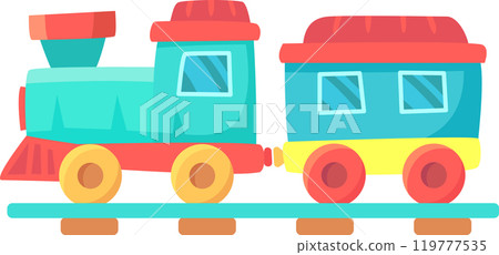 Cartoon illustration of a toy train engine pulling a passenger carriage, showcasing vibrant colors and a playful design 119777535
