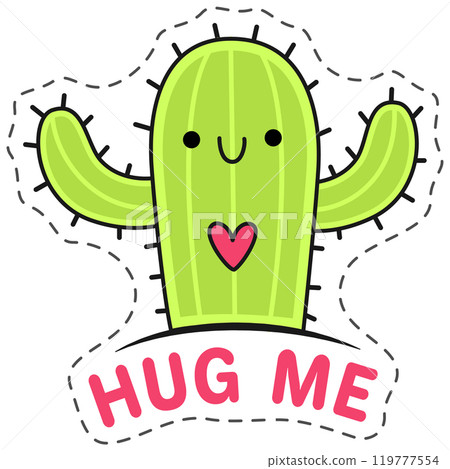Cute cartoon cactus with arms wide open, showing a heart for a warm hug. Smiling and cheerful, radiating joy and positivity, like a playful friend welcoming you Cute cartoon cactus with arms wide open, showing a heart for a warm hug. Smiling and cheerful, radiating joy and positivity, like a playful friend welcoming you 119777554