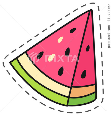 Cartoon drawing of a watermelon slice with black seeds, pink flesh, green rind, and a dotted cut line, suggesting it s a sticker or cutout 119777562