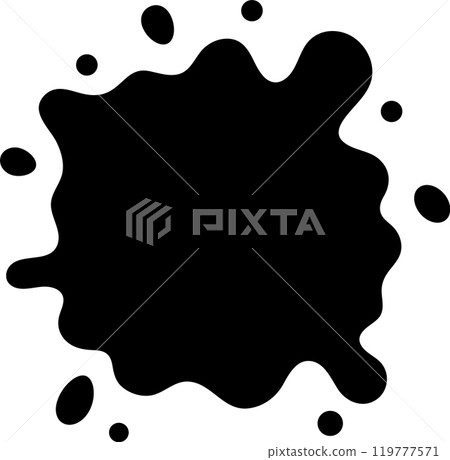 Black ink is splattering, creating an abstract shape on a white background. The image evokes a sense of chaos and movement 119777571